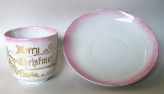 Antique Merry Christmas Santa Claus And Angel Pink Luster Cup & Saucer
