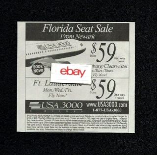 Usa 3000 Airlines 2004 Airbus A320 Florida Seat Newark/ft Lauderdale $59 Ad
