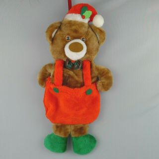 Vintage Plush Teddy Bear Christmas Stocking Red Overalls Pouch 1980s