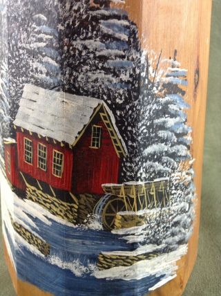 Wooden Butter Churn Bucket Lid Wood Hand Painted Covered Bridge Winter Scene 13 
