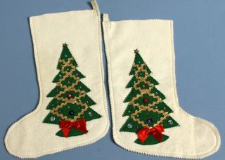 Vtg Handmade Pair Felt Applique Xmas Stockings Tree Matching Sequin Ivory Simple