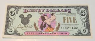 1991 $5 Disney Dollar Note - Goofy - A Series - A00070446a - Uncirculated