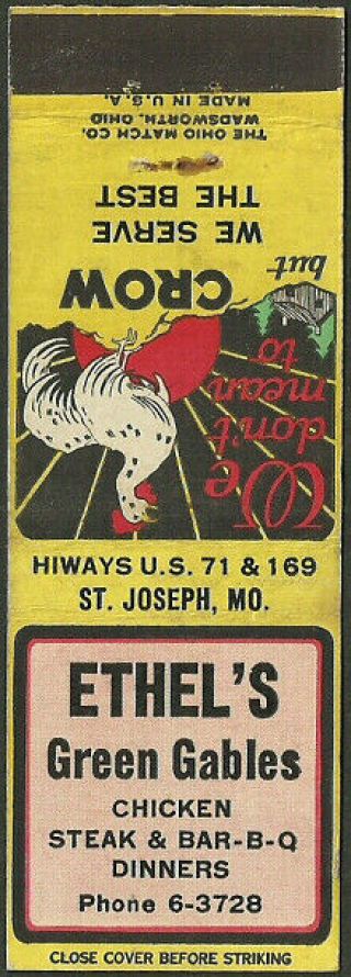 Colorful Vintage Ethel’s Green Gables Matchbook Cover St.  Joseph Missouri Mo