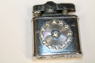 Vintage Art Deco Queenstar Cigarette Lighter Silver W/ Diamond Style Jewels