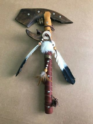 Handmade Steer Jawbone Tomahawk,  Leather Feathers,  Southwest Decoration,  Crafts