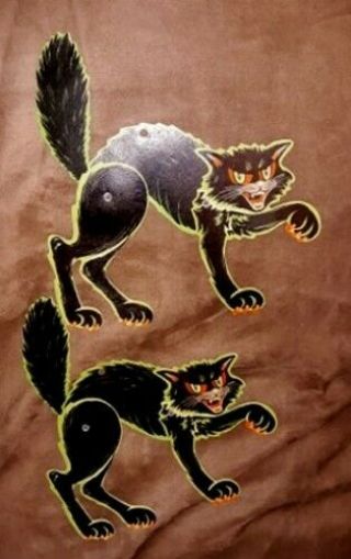 2 Vintage 1968 Beistle Jointed Black Scratch Cat Halloween Decoration