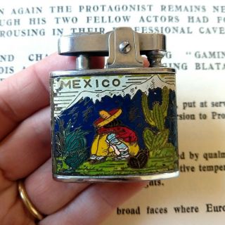 Vtg 1950s Antique Lighter Mexico Metal & Enamel Mid Century Souvenir Mexico Art