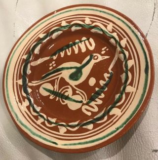 Folk Art Mexico Brown Clay Small Plate With Bird 5.  5” Dia.
