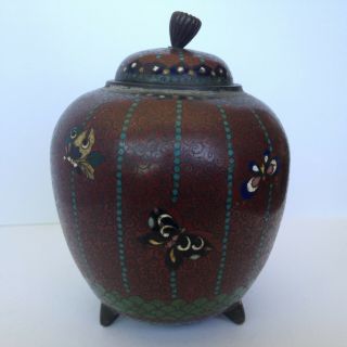 Antique Vintage Japanese Asian Cloisonne Enamel Bronze - Footed Canister Jar W Lid