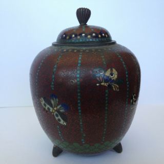 Antique Vintage Japanese Asian Cloisonne Enamel Bronze - Footed Canister Jar w Lid 2