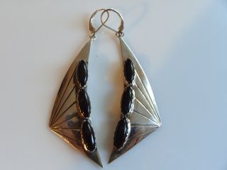 2 7/8ths Long Etched & Onyx Navajo Sterling Silver Pierced Earrings By E Spencer