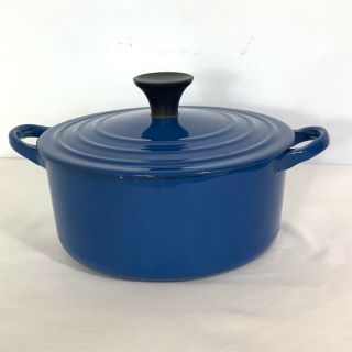 Vintage Le Creuset B Round Dutch Oven Blue Enamel Cast Iron With Lid 2 Qt