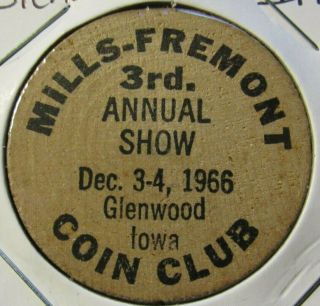 1966 Mills - Fremont Coin Club Glenwood,  Ia Wooden Nickel - Token Iowa
