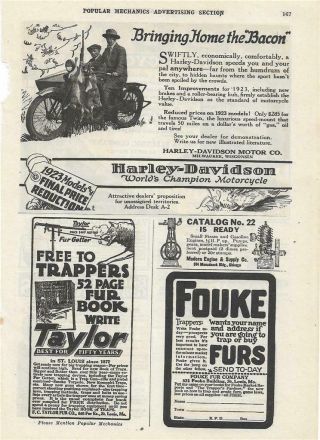1923 Harley Davidson Motorcycle Ad Bringing Home The Bacon Fur Trapper Ad