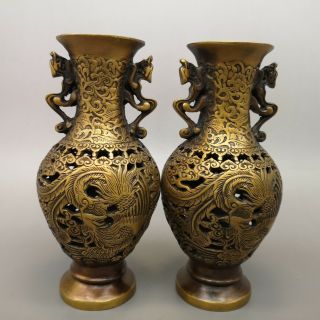 7 " Chinese Old Antique Bronze Carved Dragon Phoenix Beast Ears Vase A Pair