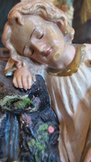 Vtg Plaster Chalk Ware Statue Of Child At Rock With Cross Crown Of Thorns Doves