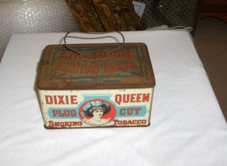 Antique & Vintage Dixie Queen Plug Cut Smoking Tobacco Lunch Pail Tin W/handle