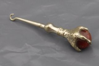Small Antique Button Hook Pewter Leg & Raptor Claw Grasping Blood Red Stone Ball