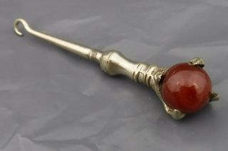 Small Antique Button Hook Pewter Leg & Raptor Claw Grasping Blood Red Stone Ball 2