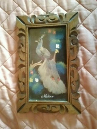 Vintage Mexican Folk Art Feathercraft Multi Colored Feather Bird Picture Framed
