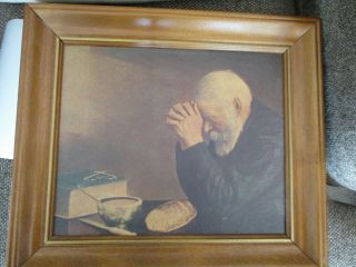Rare Vintage Grace Picture Old Man Praying At Meal Enstrom Bovey Mn.  Framed Euc