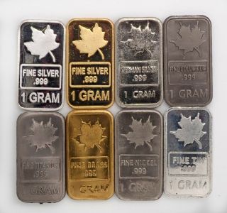8 X 1 Gram Maple Bullion Bars Inc 2 X Silver Titanium Niobium Nickel Tin Brass,