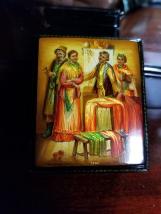 1998 Russian Fedoskino Lacquer Box " In The Shop Buying Material "