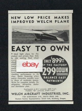 Welch Aircraft Industries Wilkes - Barre Pa $299 Down Side By Side Seating 1940 Ad