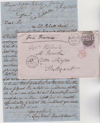 1868 Qv Fareham Letter With A 6d Stamp Sent To Captain Kelsall In Stuttgart