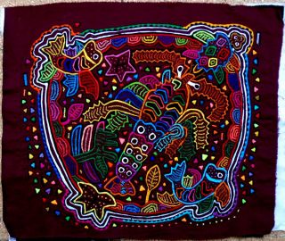 Kuna Indian Art.  Hand Stitch.  Marine Live In San Blas - 2060.  Mola Art Of Panama.