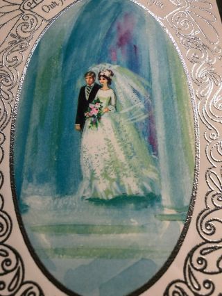 Sweet Bride Groom Wedding Veil Pastel Aqua Blue Embossed Silvered Vintage Card