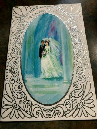 Sweet Bride Groom Wedding Veil Pastel Aqua Blue Embossed Silvered Vintage Card 2