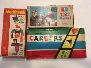 Vintage Board Game Bundle: Tupperware Toys Busy Blocks,  Blockhead,  Careers