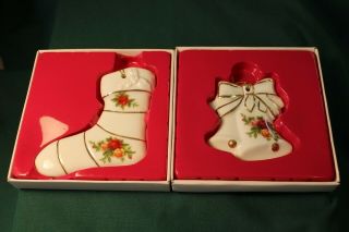 Two (2) Royal Dalton Christmas Ornaments Old Country Roses " Stocking " & " Bells "