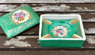 Vintage Porcelain Cigarette Box & Individual Ashtray,  Green & Floral,  Japan