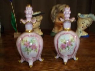 2 Perfume Bottle 6 " Porcelain Purple With Flowers Ornate Stoppers