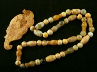 26 Inches Fine Chinese Old Jade Beads Necklace W/jade Zhou Bird Pendant T001