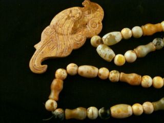 26 Inches Fine Chinese Old Jade Beads Necklace W/Jade Zhou Bird Pendant T001 2