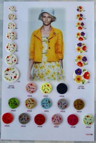 Vintage Sample Card Of 28 Painted Pearl Buttons By Italian Mfg.  Sandra