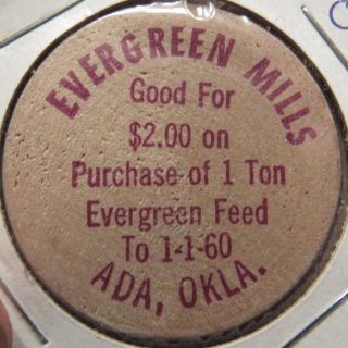 1960 Evergreen Mills Ada,  Ok Wooden Nickel - Token Oklahoma Okla.