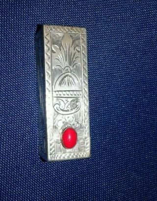Vtg.  800 Silver Engraved Lipstick Holder Compact With Red Stone - Italy
