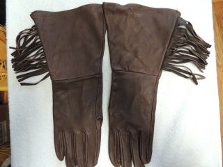 MEN ' S BROWN WESTERN COWBOY FRINGED TALL CUFF LEATHER GLOVES Large 2