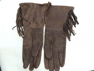 MEN ' S BROWN WESTERN COWBOY FRINGED TALL CUFF LEATHER GLOVES Large 4