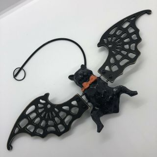 Vintage Halloween Bat Wood Wings Spring Mounted Hanging Decor Hangs On Spring