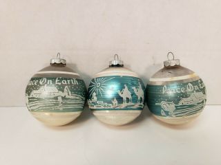 Vintage Shiny Brite Ornaments Peace On Earth Wisemen Aqua Blue Christmas Aa