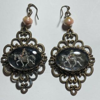 Antique Brass,  Pearl Horse Artwork Under Glass Earrings Orginal
