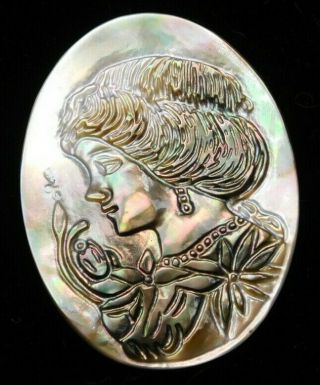 Large Antique Vtg Button Carved Abalone Shell Cameo Zz