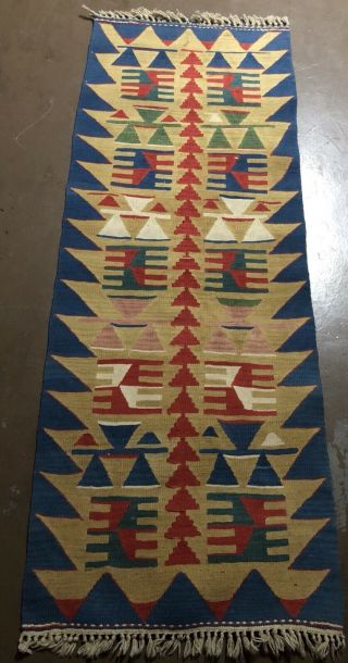 Mexican Saltillo Serape Blanket Rug Woven Wool Fringed Vintage Approx.  70” X 25”