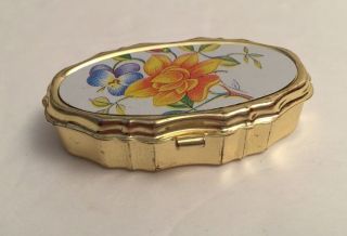 Vintage Gold Tone Pill Box Case Oblong Oval Floral Design Scalloped Edge