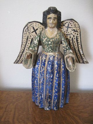 Antique Vintage Carved Wood Hand Painted Saint Religious Santos Mexico Angel